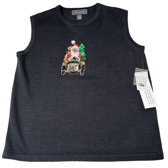 NWT TERAZZO Black Sleeveless Knit Sequins Santa Sweater Vest Women's Size S - Picture 7 of 14